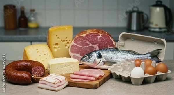 Fototapeta Carnivore diet. A beautifully arranged table with a variety of meats and cheeses