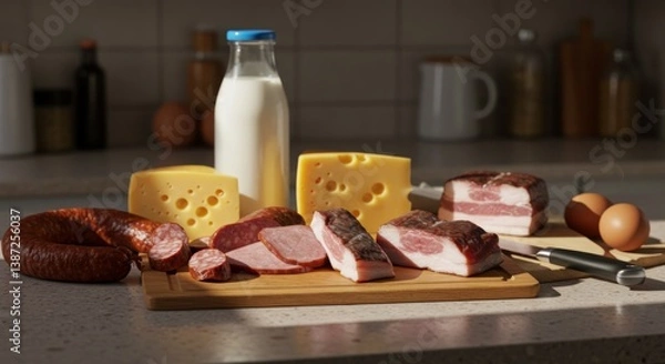 Fototapeta Carnivore diet. A beautifully arranged table with a variety of meats and cheeses