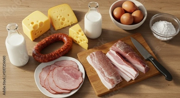 Fototapeta Carnivore diet. A beautifully arranged table with a variety of meats and cheeses