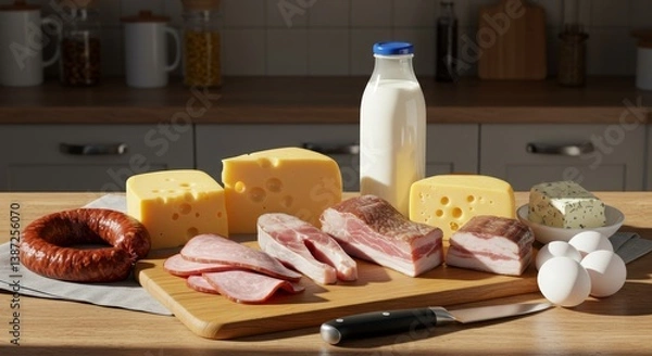 Fototapeta Carnivore diet. A beautifully arranged table with a variety of meats and cheeses