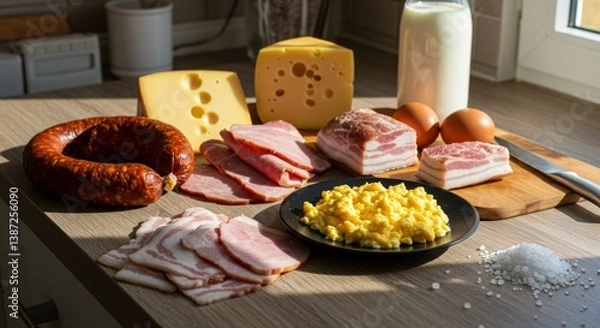 Fototapeta Carnivore diet. A beautifully arranged table with a variety of meats and cheeses