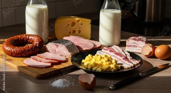 Fototapeta Carnivore diet. A beautifully arranged table with a variety of meats and cheeses