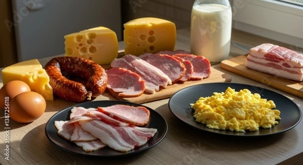 Fototapeta Carnivore diet. A beautifully arranged table with a variety of meats and cheeses