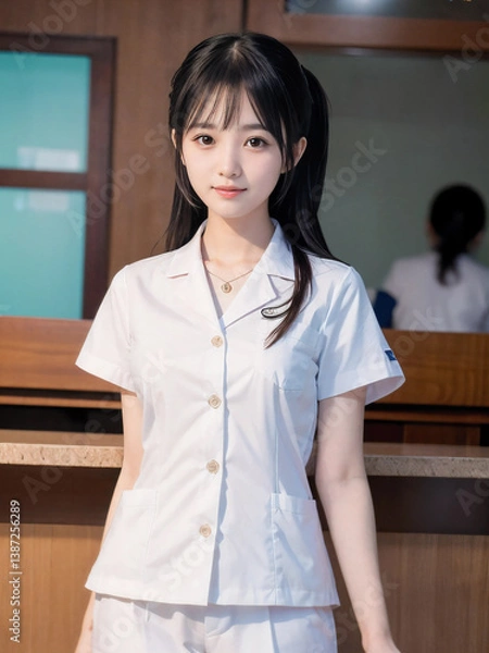 Fototapeta 笑顔で患者に対応する看護師の若い女性