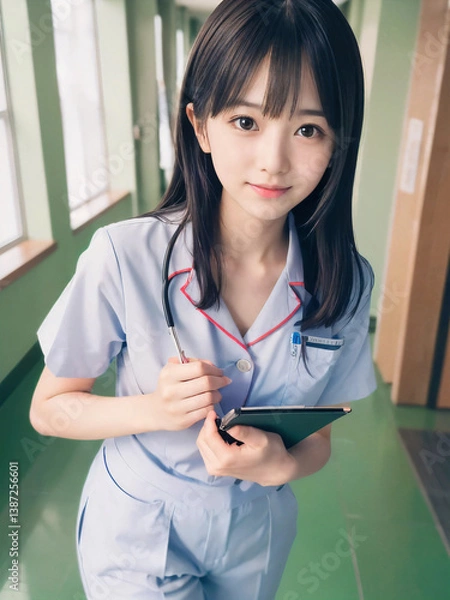 Fototapeta 笑顔で患者に対応する看護師の若い女性