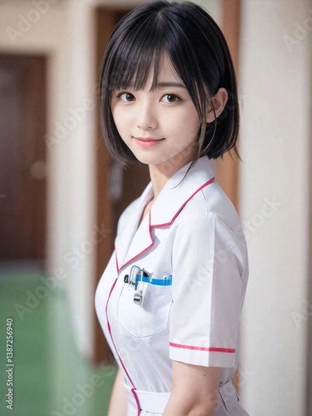 Fototapeta 笑顔で患者に対応する看護師の若い女性