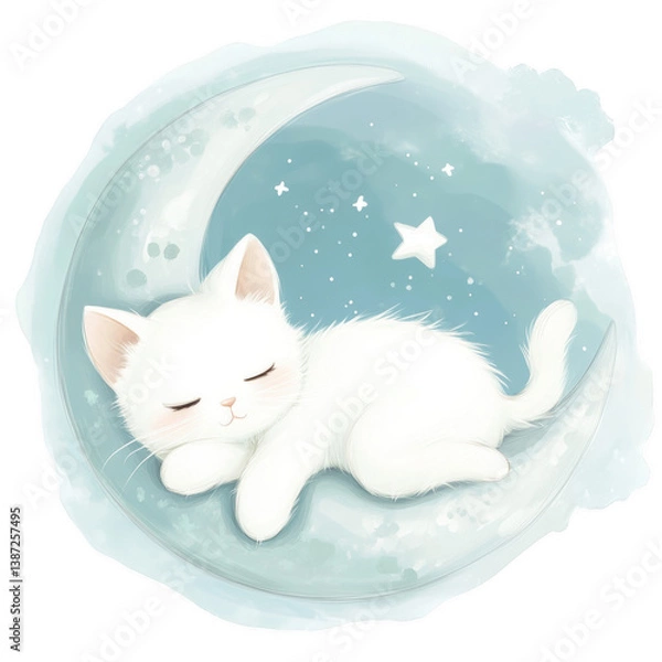 Fototapeta Kawaii cat sleeping on a moon pastel colors digital art whimsical serene view dreamy concept