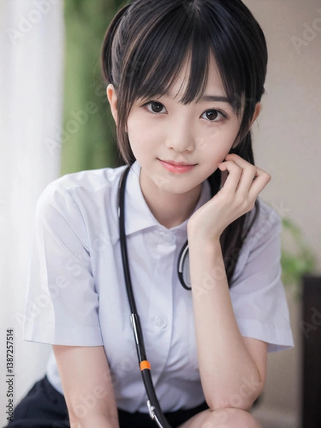 Fototapeta 笑顔で患者に対応する看護師の若い女性