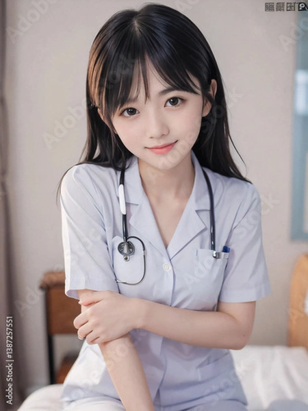 Fototapeta 笑顔で患者に対応する看護師の若い女性