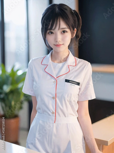 Fototapeta 笑顔で患者に対応する看護師の若い女性