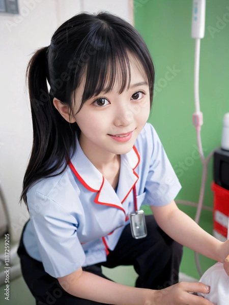 Fototapeta 笑顔で患者に対応する看護師の若い女性