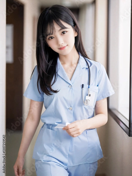 Fototapeta 笑顔で患者に対応する看護師の若い女性