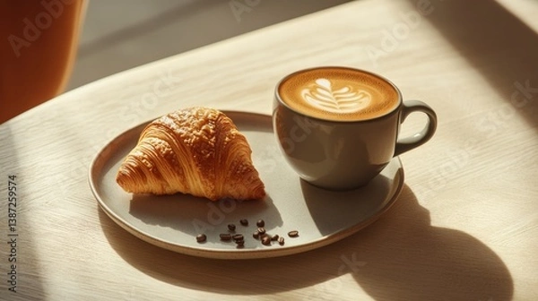 Fototapeta A cup of freshly brewed coffee with a croissant. Featuring warmth and elegance