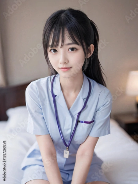 Fototapeta 笑顔で患者に対応する看護師の若い女性