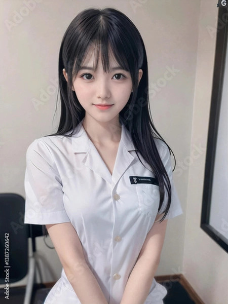 Fototapeta 笑顔で患者に対応する看護師の若い女性