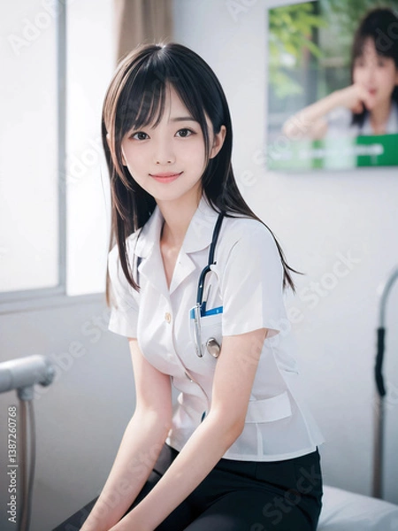 Fototapeta 笑顔で患者に対応する看護師の若い女性