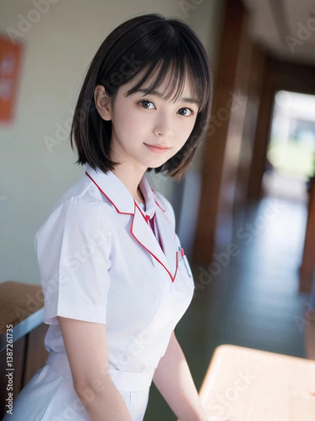 Fototapeta 笑顔で患者に対応する看護師の若い女性