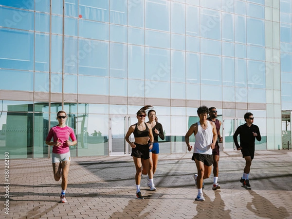 Obraz In a sunny urban plaza before a large modern glass building, a multiethnic group of athletic people in their 20s, including White, Black, and Asian, wearing sportswear runs forward next to each other.