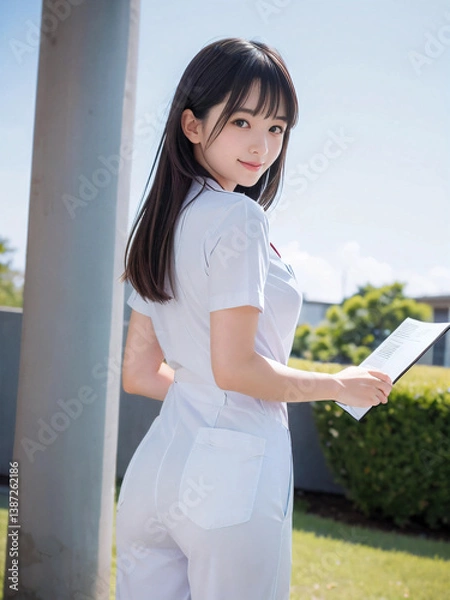 Fototapeta 笑顔で患者に対応する看護師の若い女性