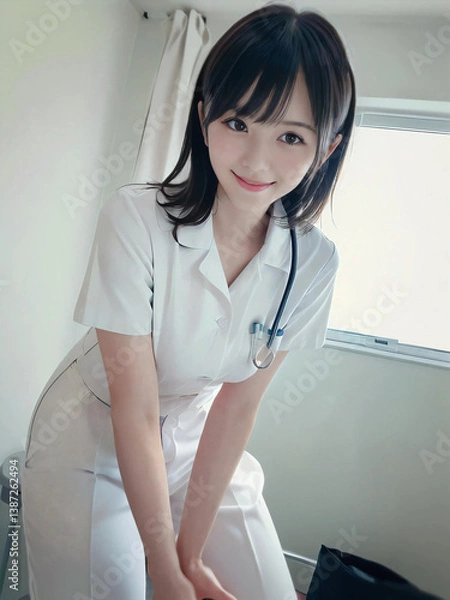 Fototapeta 笑顔で患者に対応する看護師の若い女性