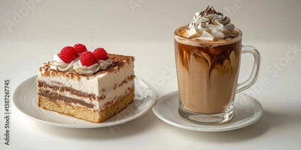 Obraz A slice of cake with raspberries on top sits on a white plate next to a cup of c