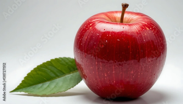 Obraz Fresh Juicy Apple with Leaf Isolated on Clean White Background

