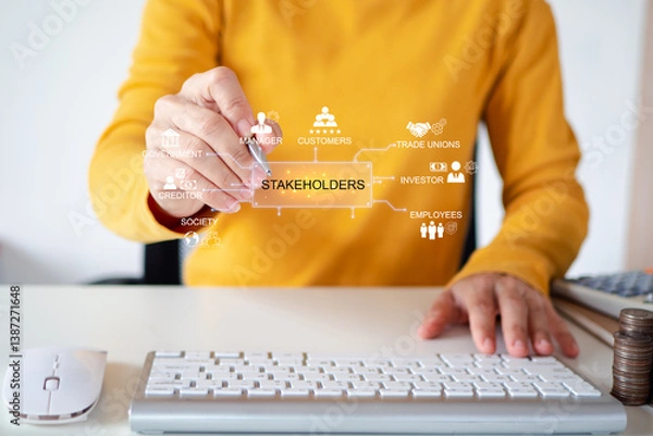 Fototapeta Stakeholders concept. Person touching stakeholders icon on virtual screen for business finance stakeholder investment management. Different stakeholders contact collaboration for company organization