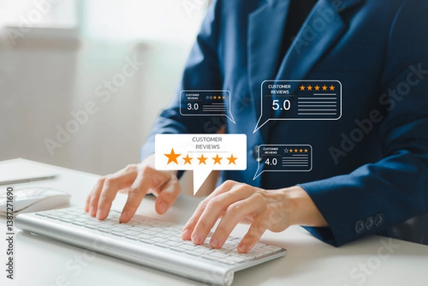 Fototapeta Business Professional Analyzing Customer Reviews. Five-Star Rating and Positive Feedback on Digital Tablet for Corporate Success, Customer review.