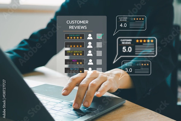 Fototapeta Customer Satisfaction Survey concept, 5-star satisfaction, service experience rating online application, customer evaluation product service quality, satisfaction feedback review, good quality most.