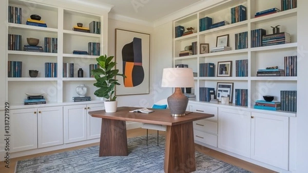 Fototapeta Stylish home office with custom built-ins, a wood desk, potted plant, abstract art, and a textured rug for an inviting workspace.