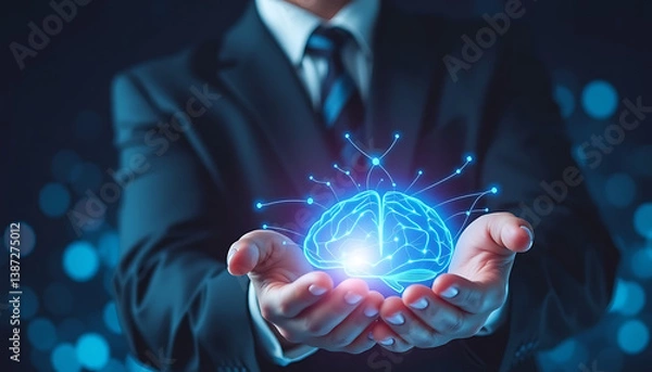 Obraz Businessman Holding Glowing Blue Brain Hologram Representing Artificial Intelligence and Innovation

