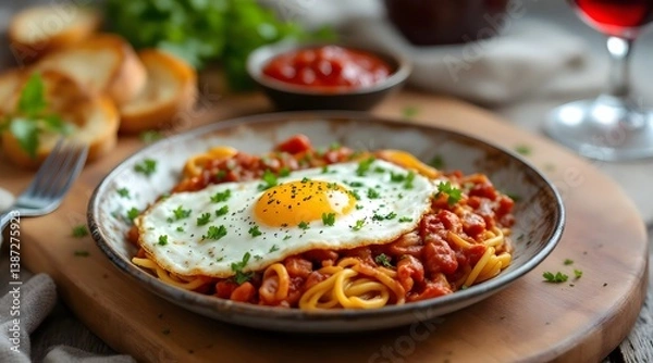 Fototapeta Delicious Spaghetti with Fried Egg and Marinara Sauce