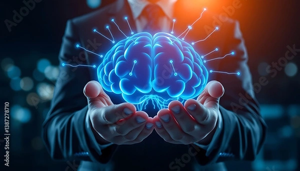 Obraz Businessman Holding Glowing Blue Brain Hologram Representing Artificial Intelligence and Innovation

