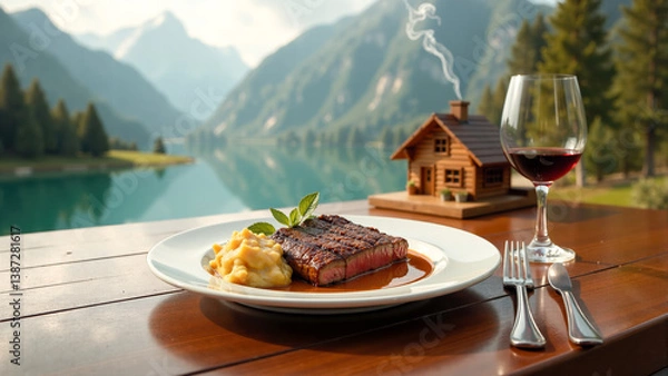 Fototapeta Exquisite dining experience by a serene lake surrounded by mountains and a charming wooden cabin in the background