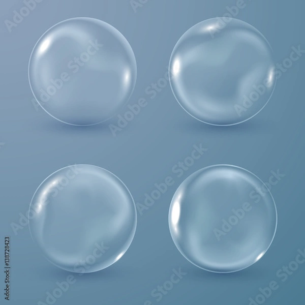 Fototapeta Set of transparent soap bubbles on dark blue background, vector illustration