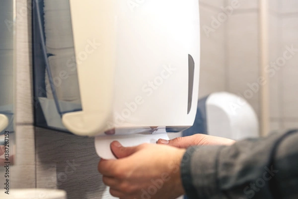 Fototapeta A person pulls the  paper towel from the dispenser with both hands in the toilet