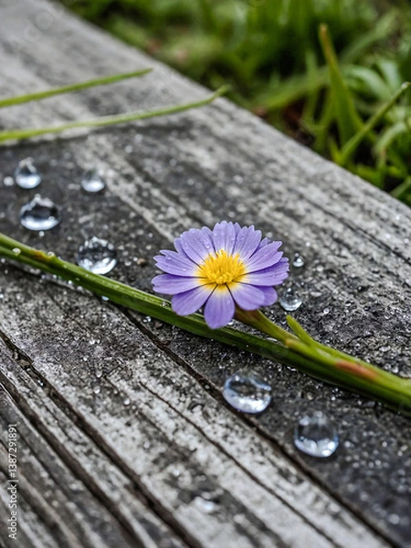 Fototapeta Rare alpine flowers with dew, adding freshness and charm to the landscape.Tone word written on a wood block, tone text on a cement table for design concept