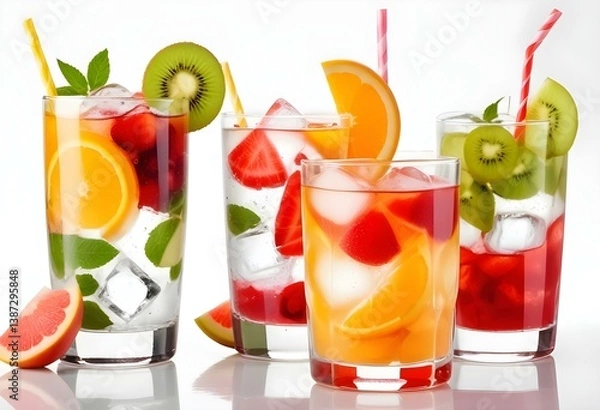 Fototapeta Glasses of fruit drinks with ice cubes isolated on white