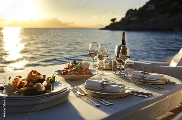 Fototapeta A yacht dining experience with a panoramic view,