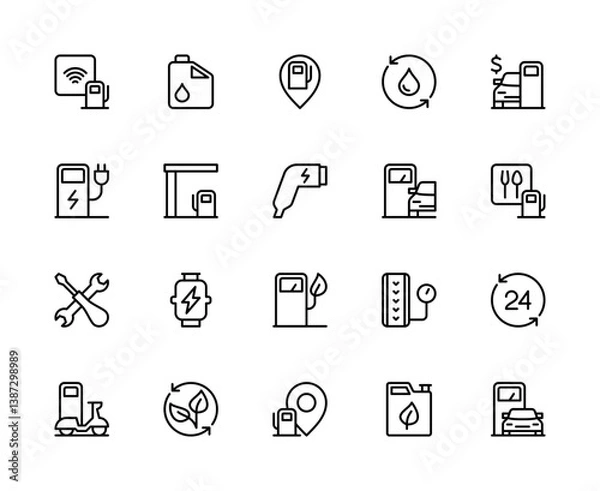 Fototapeta Gas station related vector linear icons set. Contains such icons as petrol station, gas station, petrol pump, Wi-Fi and more.