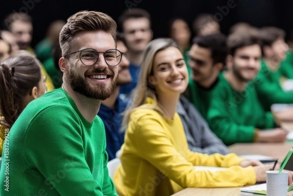 Fototapeta Smiling adults enjoying urban night classes on lifelong learning.