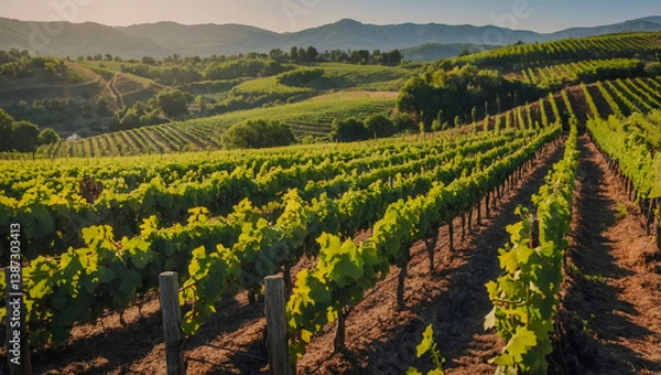 Fototapeta Scenic vineyard with rows of grapevines.