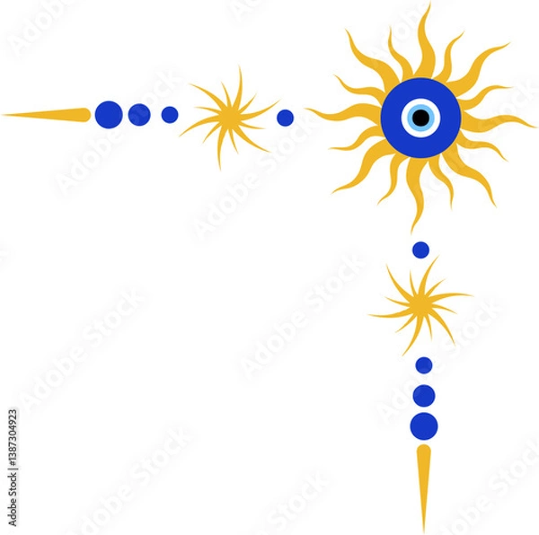 Obraz Evil eye magic border with celestial stars. Turkish and Greek astrology ornamental corner. Spiritual bead nazar is the symbol of luck and protection. Ornate separator and divider.