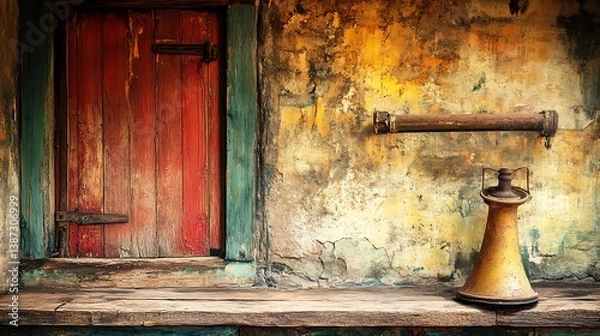 Fototapeta Old Wooden Door & Rusty Pipe on Dusty Wall