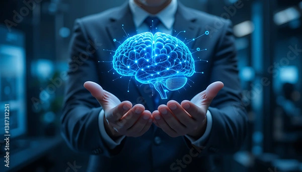 Obraz Businessman Holding Glowing Blue Brain Hologram Representing Artificial Intelligence and Innovation

