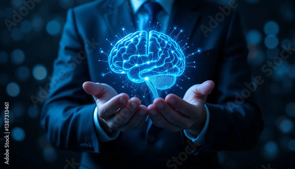 Obraz Businessman Holding Glowing Blue Brain Hologram Representing Artificial Intelligence and Innovation

