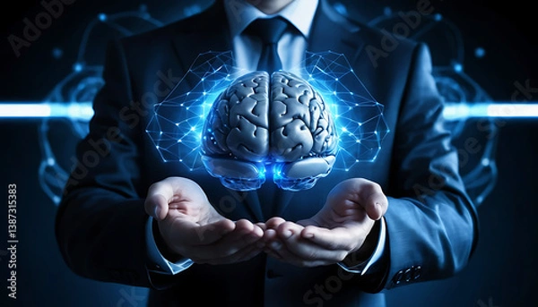Obraz Businessman Holding Glowing Blue Brain Hologram Representing Artificial Intelligence and Innovation

