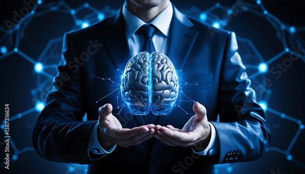 Obraz Businessman Holding Glowing Blue Brain Hologram Representing Artificial Intelligence and Innovation

