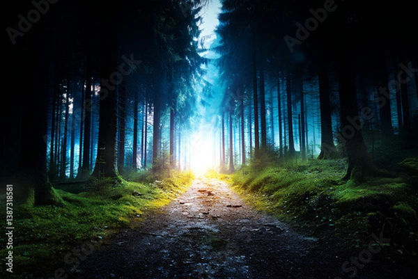 Fototapeta Dark to light gradient path winding through forest symbolizing emotional healing journey from trauma toward peace and inner wellbeing  
