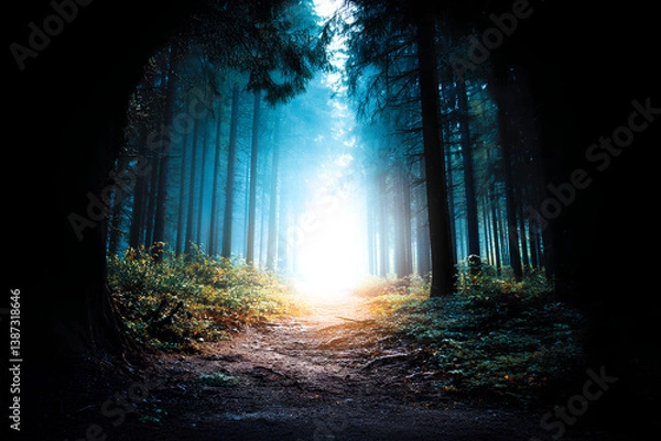 Fototapeta Dark to light gradient path winding through forest symbolizing emotional healing journey from trauma toward peace and inner wellbeing  
